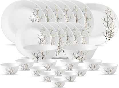 La Opala Diva Ivory Collection Opal Glass Crockery | for Family of 6 | Dinner Set 27 pcs Golden Fall | Plates & Bowls for Dining | Microwave Safe | 100% Vegetarian | Extra Strong | Light & White