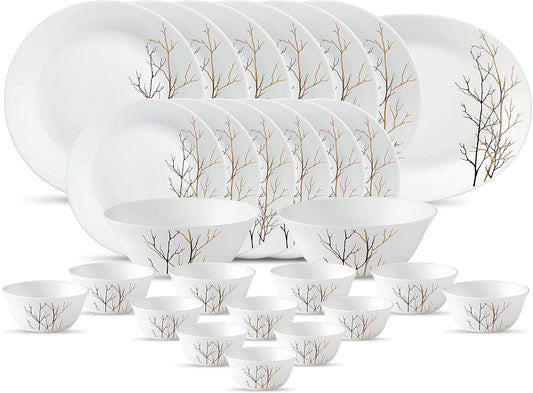 La Opala Diva Ivory Collection Opal Glass Crockery | for Family of 6 | Dinner Set 27 pcs Golden Fall | Plates & Bowls for Dining | Microwave Safe | 100% Vegetarian | Extra Strong | Light & White