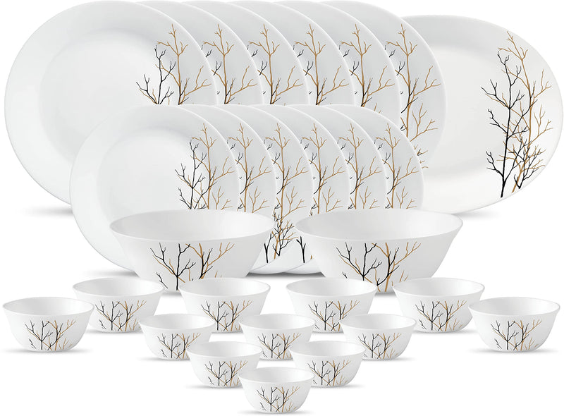 La Opala Diva Ivory Collection Opal Glass Crockery | for Family of 6 | Dinner Set 27 pcs Yellow Grace | Plates & Bowls for Dining | Microwave Safe | 100% Vegetarian | Extra Strong | Light & White