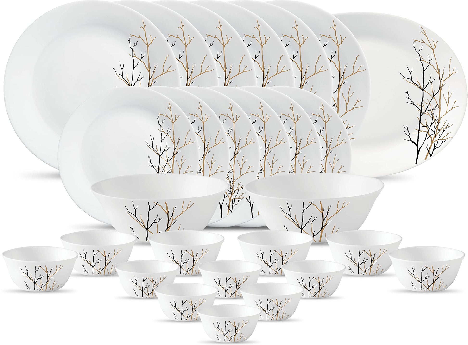 La Opala Diva Ivory Collection Opal Glass Crockery | for Family of 6 | Dinner Set 27 pcs Golden Fall | Plates & Bowls for Dining | Microwave Safe | 100% Vegetarian | Extra Strong | Light & White