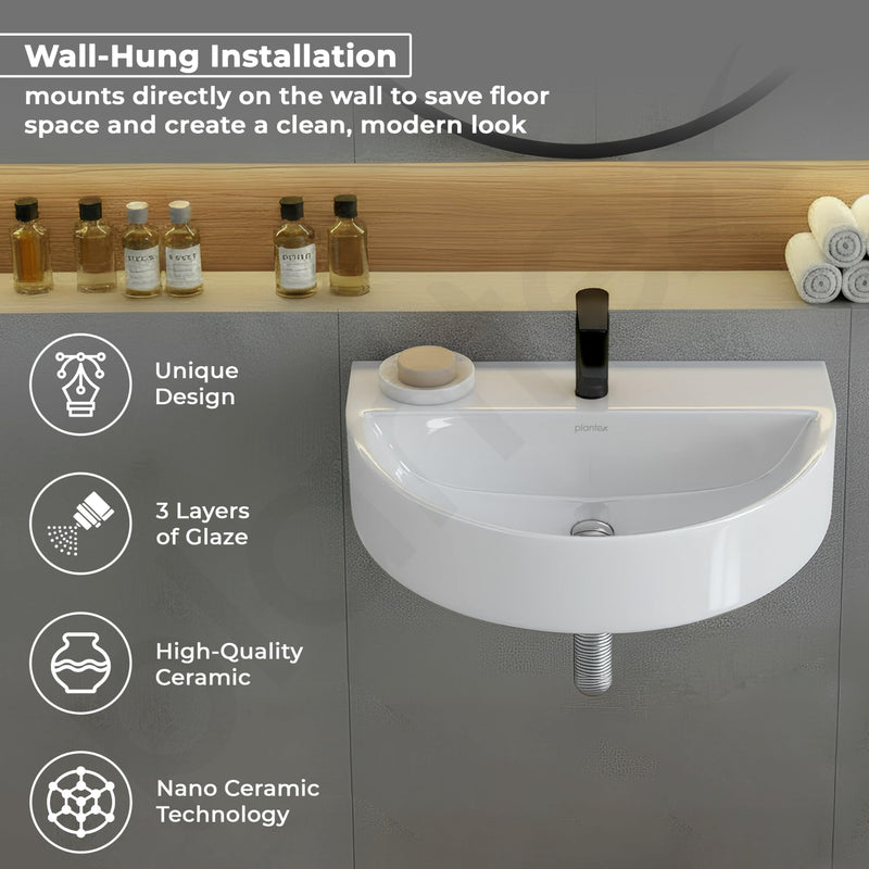 Plantex Ceramic Wall Mount Wash Basin for Bathroom/Wall Hung Basin/Bathroom Sink with 10 Years Glaze Warranty by Plantex//Washbasin for Restaurant, Hotel (Glossy White - Mark -17 x 12 x 4 Inch)-2