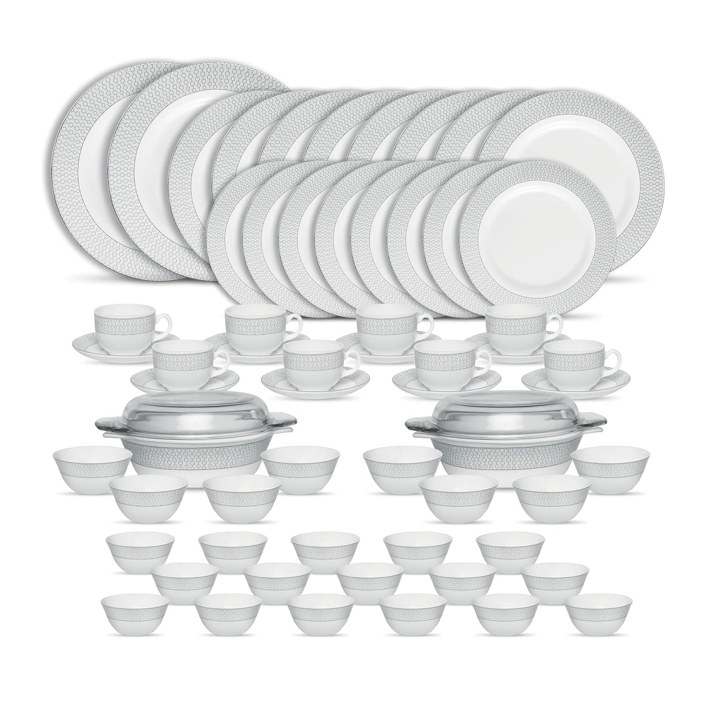 La Opala Diva Velvett Collection Opal Glass Crockery | for Family of 8 | Dinner Set 62 pcs Stella Grey | Plates & Bowls for Dining | Microwave Safe | 100% Vegetarian | Extra Strong | Light & White