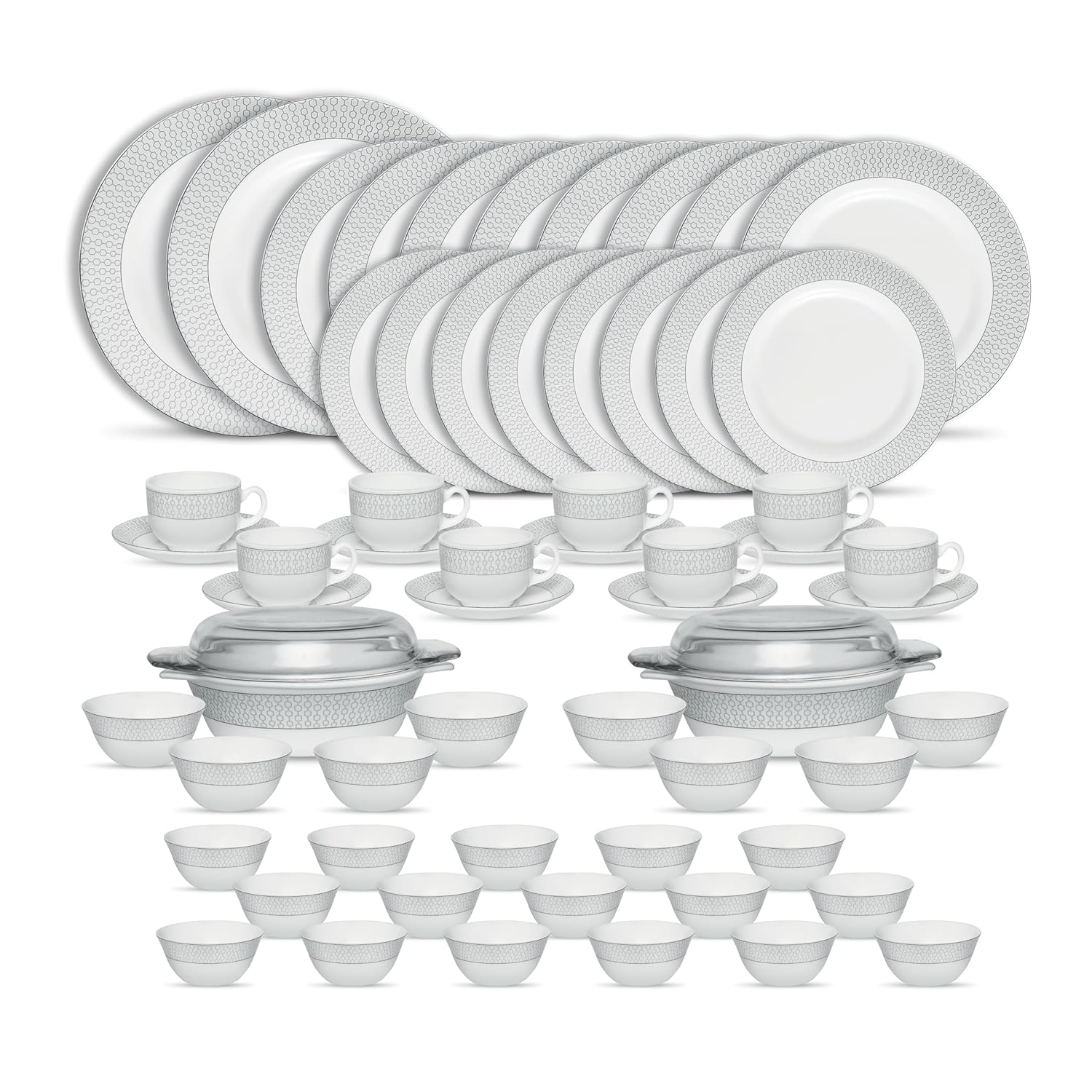 La Opala Diva Velvett Collection Opal Glass Crockery | for Family of 8 | Dinner Set 62 pcs Stella Grey | Plates & Bowls for Dining | Microwave Safe | 100% Vegetarian | Extra Strong | Light & White