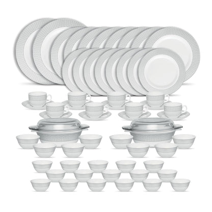 La Opala Diva Velvett Collection Opal Glass Crockery | for Family of 8 | Dinner Set 62 pcs Stella Grey | Plates & Bowls for Dining | Microwave Safe | 100% Vegetarian | Extra Strong | Light & White