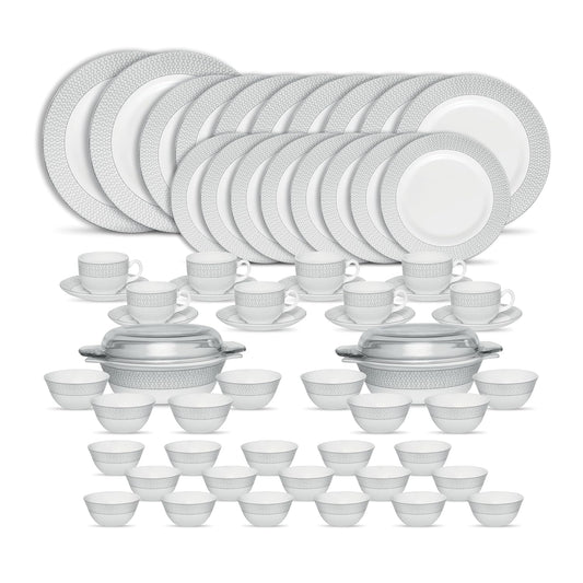 La Opala Diva Velvett Collection Opal Glass Crockery | for Family of 8 | Dinner Set 62 pcs Stella Grey | Plates & Bowls for Dining | Microwave Safe | 100% Vegetarian | Extra Strong | Light & White