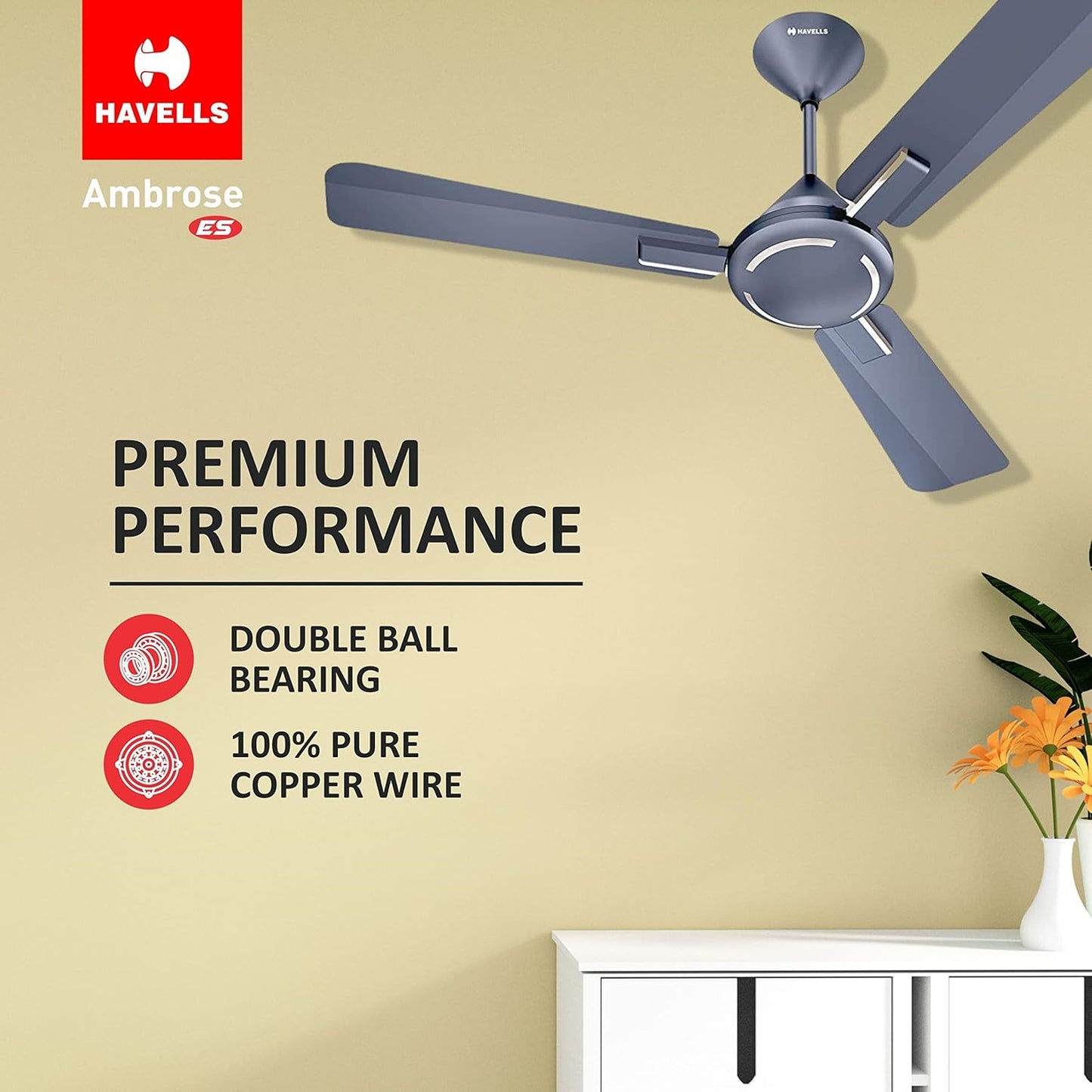Havells 1200mm Ambrose ES Ceiling Fan|Premium Finish, Decorative Fan, Elegant Look, High Air Delivery, Energy Saving, 100% Pure Copper Motor|2 Year Warranty by Brand|(Pack of 1, Nickel Saphire) 1 Star