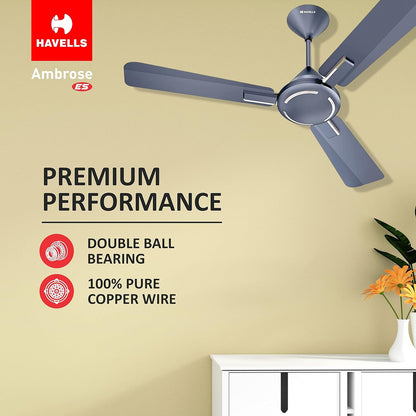 Havells 1200mm Ambrose ES Ceiling Fan|Premium Finish, Decorative Fan, Elegant Look, High Air Delivery, Energy Saving, 100% Pure Copper Motor|2 Year Warranty by Brand|(Pack of 1, Nickel Saphire) 1 Star