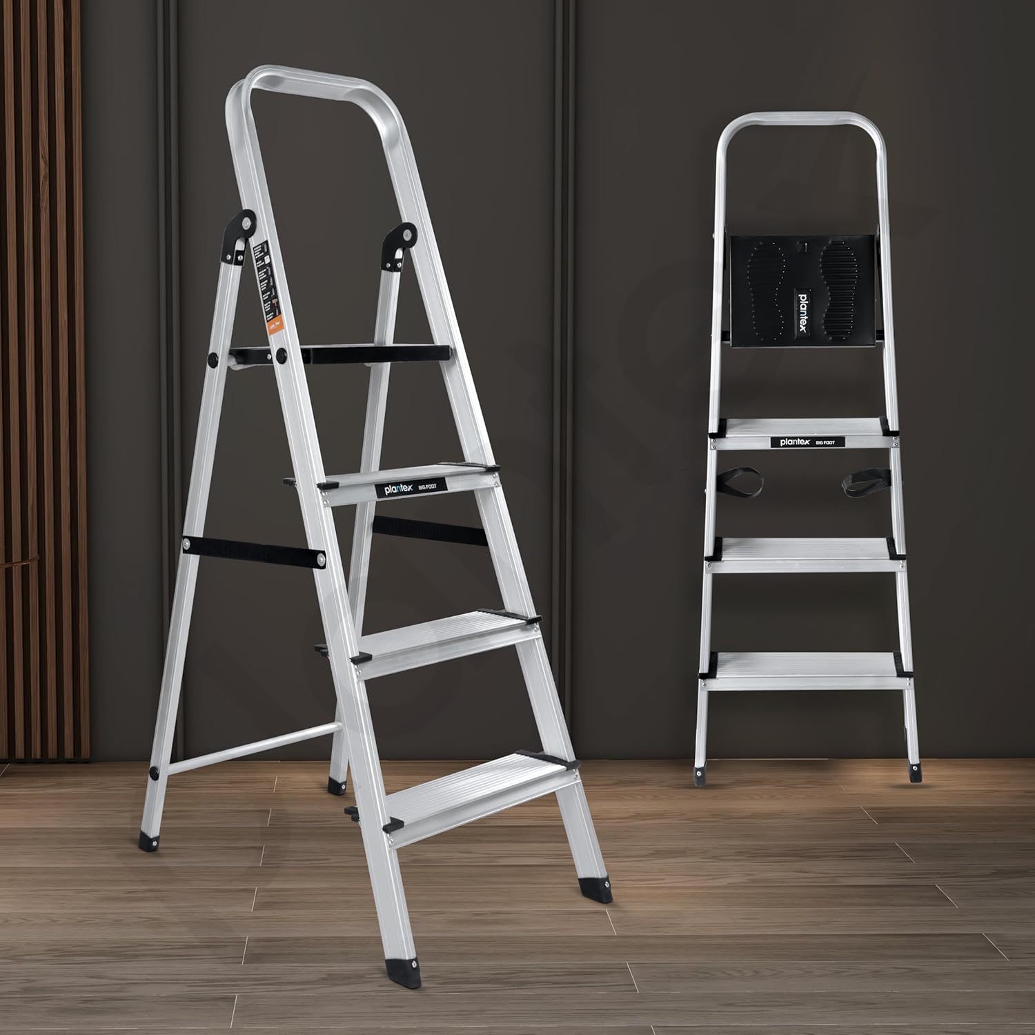 Plantex Big Foot 4 Step Ladder for Home/Fully Aluminium Folding Ladder/Wide Anti-Skid Steps (Black-Silver)