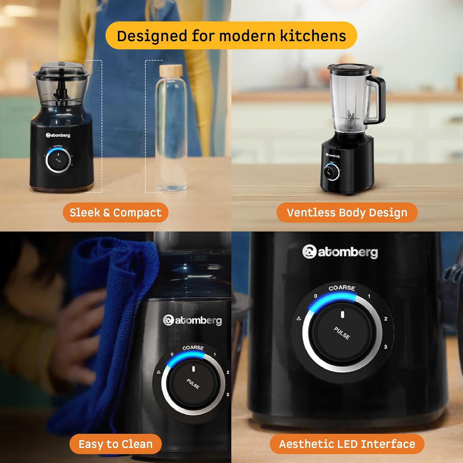 Atomberg Zenova Fresh Juicer Mixer Grinder | Coarse Mode for Silbatta-like Texture | Intelligent BLDC Motor | Safety Features | 4 Jars including Chopper & Juicer Jar | Hands-Free Operation | Black