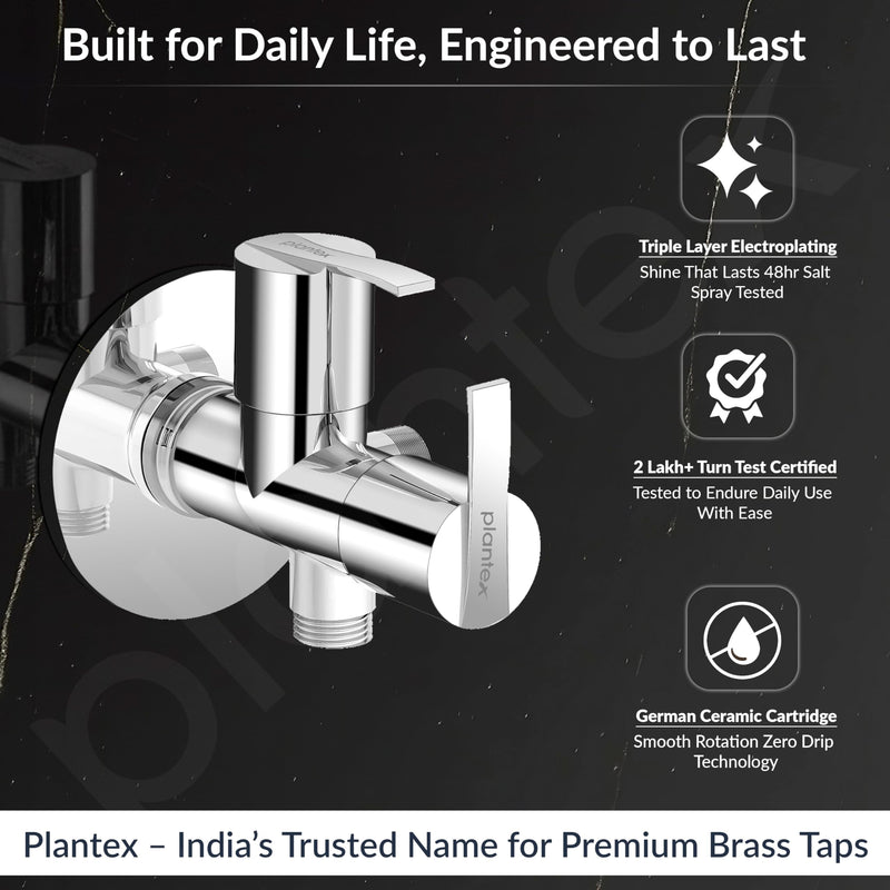 Plantex AQ-1408 Pure Brass 2-Way Angle Valve Tap/Angle Cock for Bathroom/Stop Cock With Brass Wall Flange & Teflon Tape (Mirror-Chrome Finish)-2