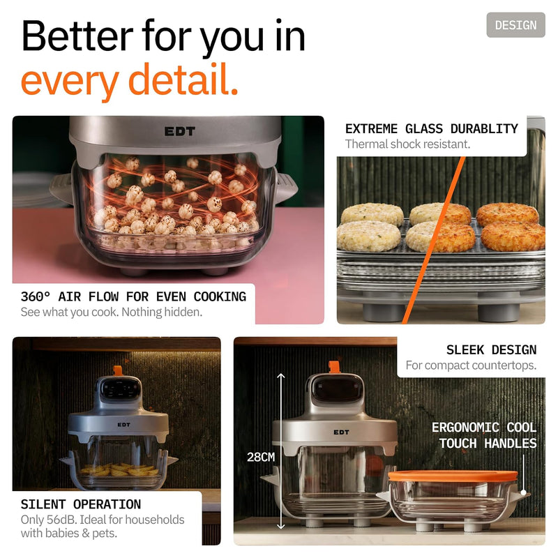 EDT Luma PureGlass™ 4.5L + 2.5L Dual Bowl Air Fryer Oven | ZERO COATING,100% Toxin Free, No Ceramic, PFAS, PTFE, PFOA | 6-in-1 Multi Function | 1500W | NutriRetain™