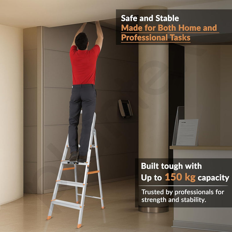 Plantex Legend 4 Step Ladder for Home/Anti-Slip Steps/Easy to Fold Aluminium Ladder/Capacity Upto 150 kg (Orange-Chrome)