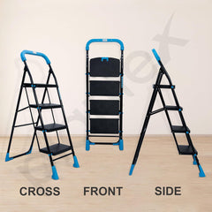Plantex Stylo Heavy-Duty Mild-Steel Folding 4 Step Ladder for Home with Advanced Locking System/Wide Anti-Skid Step Ladder (Black & Blue)