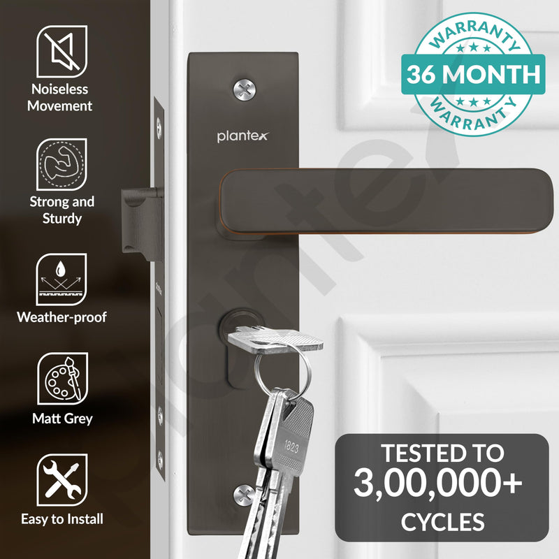 Plantex Heavy-Duty Main Door Mortise Lock Handle Set with 3 Keys, Brass Lock Body & Cylinder (8125 - Grey & PVD Choco)-2