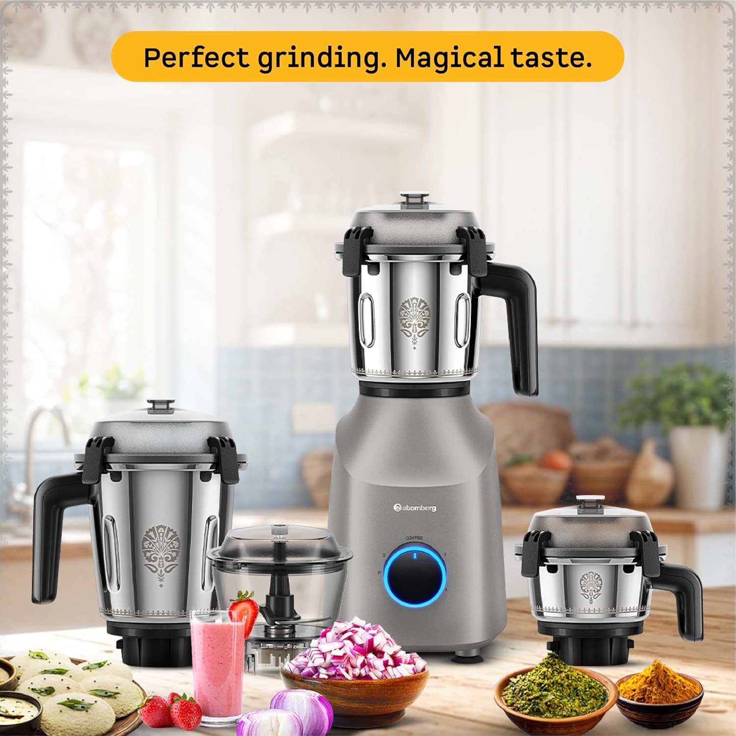 Atomberg Tavi Mixer Grinder | 𝟏𝟏𝟎𝐕 𝐎𝐧𝐥𝐲 𝐟𝐨𝐫 𝐔𝐒 & 𝐂𝐚𝐧𝐚𝐝𝐚 | Unique Coarse Mode for Silbatta-Like Texture | Intelligent 600W Motor | 4 Jars Including Chopper Jar | Matte Sand Grey