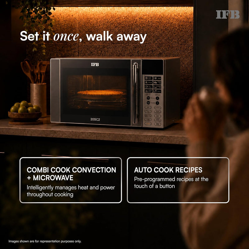 IFB 20L Convection Microwave Oven, 24 Auto Cook Menus (20SC2, Metalic Silver, Auto Defrost, Combi-Cook Mode, 10 Power Le