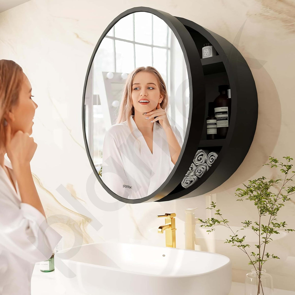 Plantex Bathroom Cabinet with Mirror/Aluminium Framed Bathroom Cabinet Storage/Round Mirror Cabinet for Bathroom Wall/Bathroom Organiser Cabinet (20x20 Inch, Black)-4
