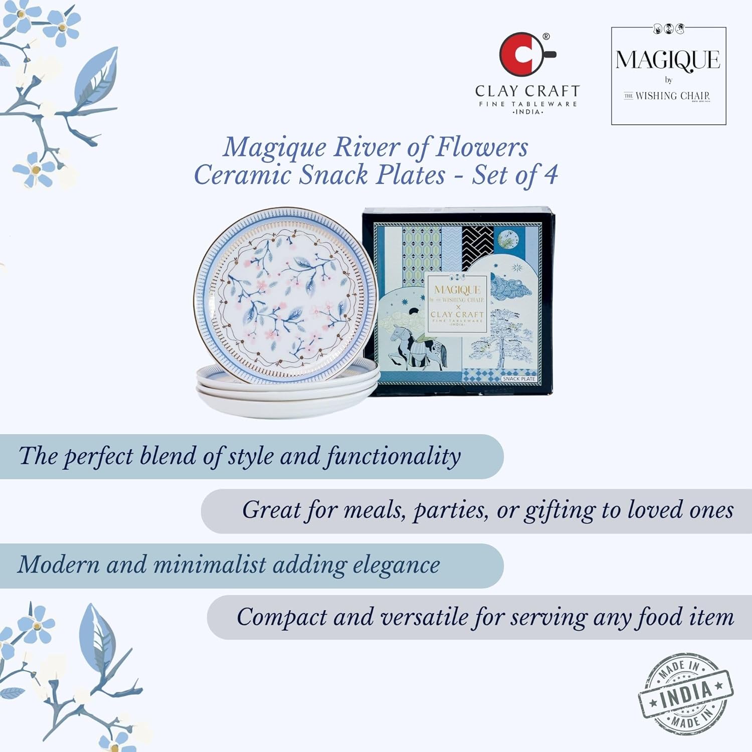 Magique by The Wishing Chair x ClayCraft : River of Flowers Ceramic Plates Set of 4 | 6 Inches | Snack Plates | Elegant Lightweight Small Ceramic Plates for Appetizers & Desserts | Dishwasher Safe