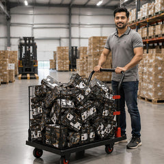 Corvids 150 Kg Portable & Collapsible Plastic Platform Trolley with Basket Cage | 2-Year Warranty |Folding Platform Hand Truck with 360 Rotating Wheels for Home, Office, Warehouse & Outdoor Use