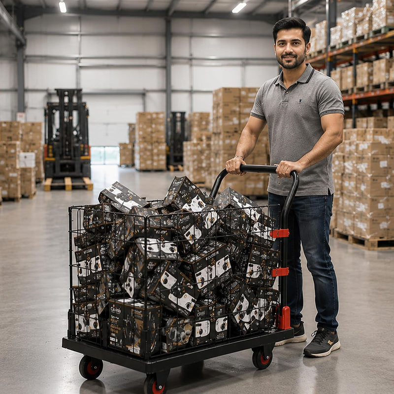 Corvids 150 Kg Portable & Collapsible Plastic Platform Trolley with Basket Cage | 2-Year Warranty |Folding Platform Hand Truck with 360 Rotating Wheels for Home, Office, Warehouse & Outdoor Use