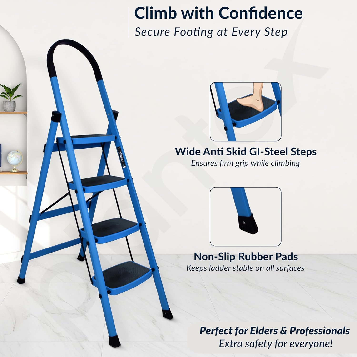 Plantex Premium 4 Step Steel Ladder/Ladder for Home/Wide Anti-Skid Wide Step Ladder/Capacity Upto 150 Kg (Blue & Black)