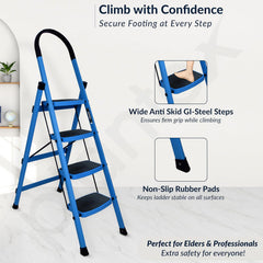 Plantex Premium 4 Step Steel Ladder/Ladder for Home/Wide Anti-Skid Wide Step Ladder/Capacity Upto 150 Kg (Blue & Black)