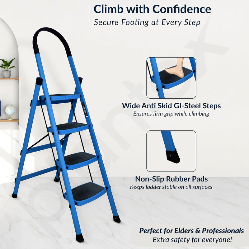 Plantex Premium 4 Step Steel Ladder/Ladder for Home/Wide Anti-Skid Wide Step Ladder/Capacity Upto 150 Kg (Blue & Black)