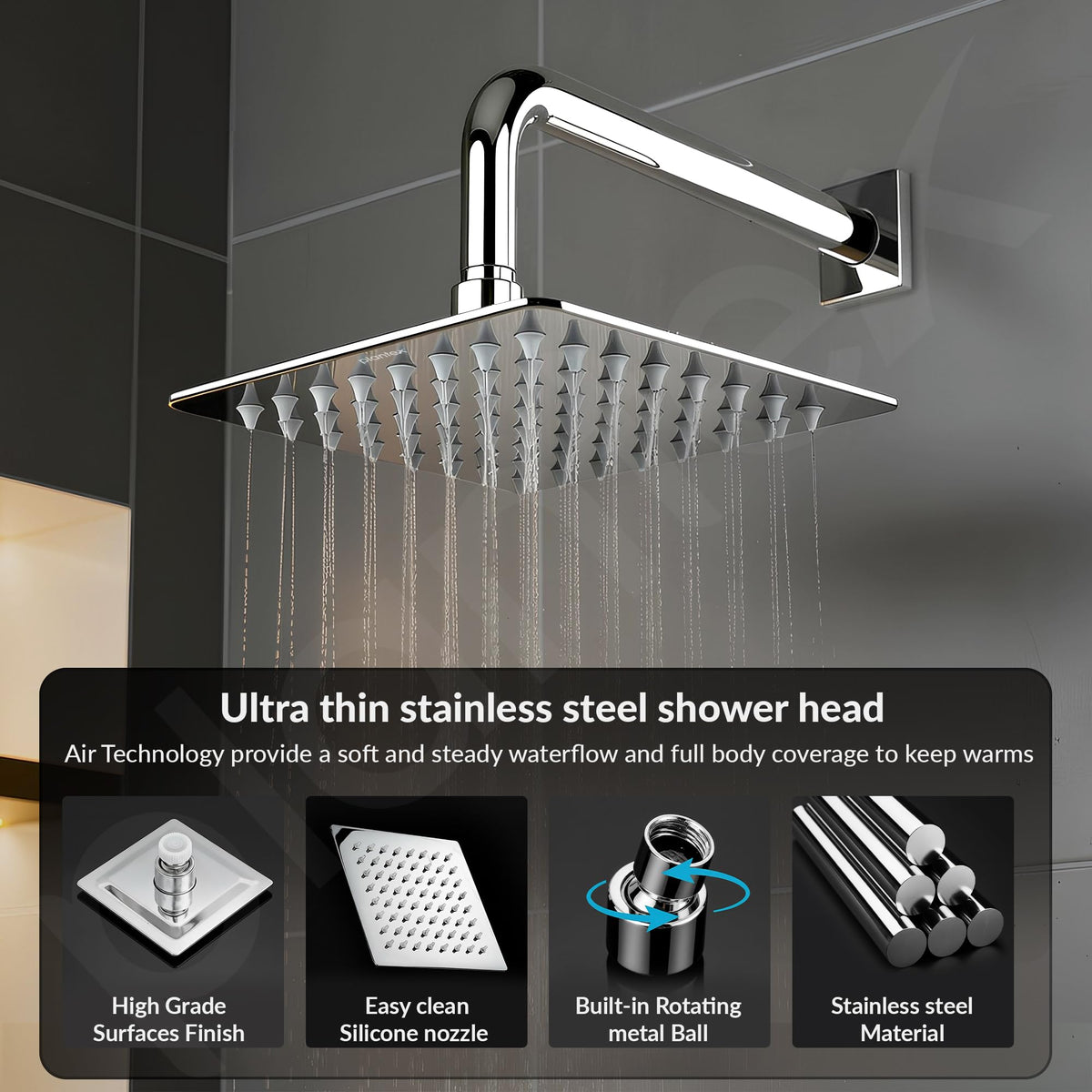 Plantex Stainless Steel Overhead Shower 6 x 6 inch with Water-Saving Technology/High Pressure Rain Shower Head Without Arm/Bathroom Shower -Ultra Slim (Chrome finish)