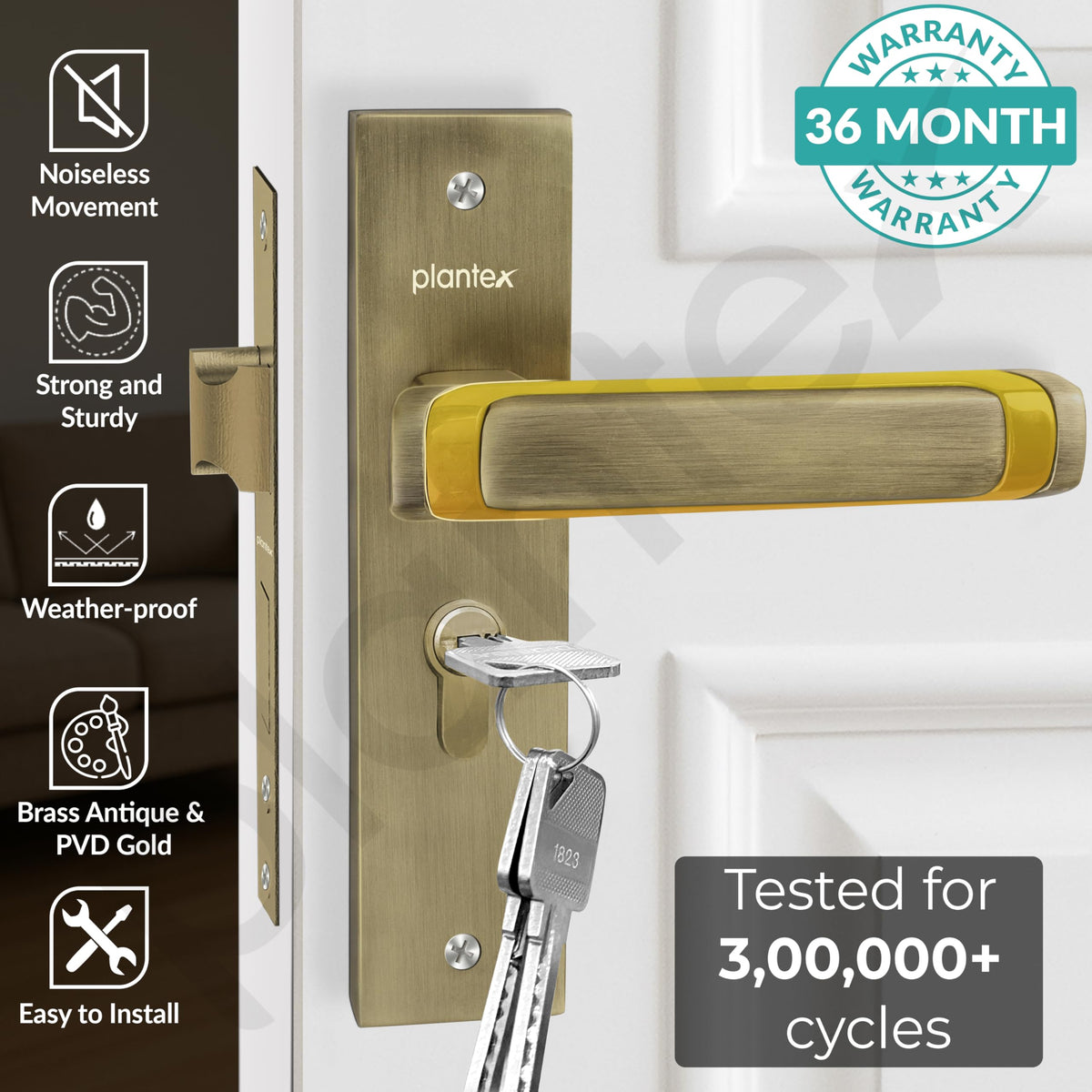 Plantex Heavy-Duty Door Lock Set - Main Door Lock Handle Set/Mortise Lock with 3 Keys, Brass Lock Body & Cylinder (8127 - Brass Antique & PVD Gold)-2