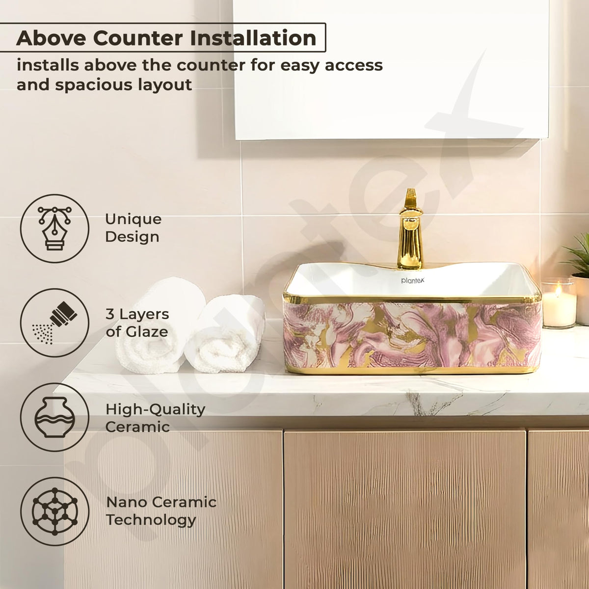 Plantex Table Top Wash Basin for Bathroom/Designer Ceramic Washbasin/Countertop Vessel Sink Basin (19 x 15 x 5.5 Inch)-2