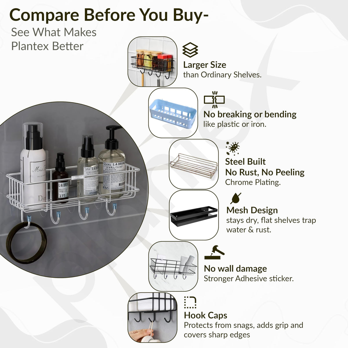 Plantex Stainless Steel Bathroom Organiser Without Drill/Multipurpose Shelf with Hooks/Drill Free Shampoo Holder for Bathroom - Wall Mount - Pack of 2 (Chrome)-4