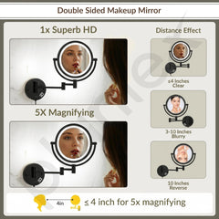 Plantex Brass and 304 Stainless-Steel Magnifying Mirror with LED/Wall Mount Makeup Mirror with Light/Zoom Mirror- 5x/1x Magnification (8 Inch-Black)-2