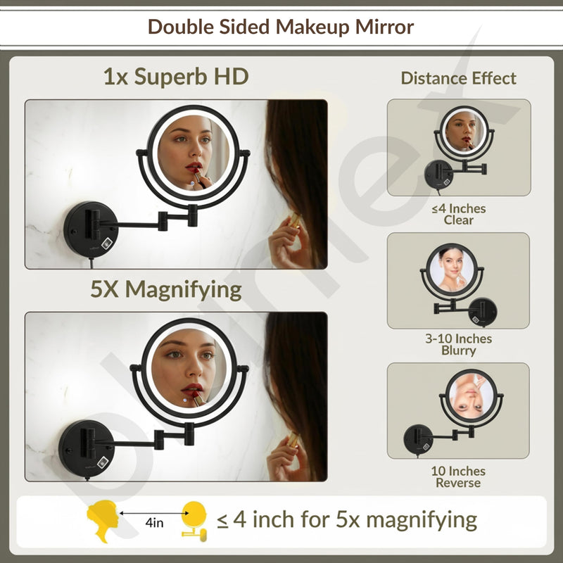 Plantex Brass and 304 Stainless-Steel Magnifying Mirror with LED/Wall Mount Makeup Mirror with Light/Zoom Mirror- 5x/1x Magnification (8 Inch-Black)-2