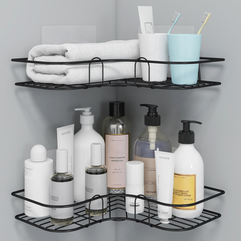 Plantex Corner Shelf for Bathroom Wall/Bathroom Organizer Without Drill/Kitchen Shelf/Bathroom Corner Shelves/Steel Bathroom Shelf- Pack of 2 (Black,CED Powder Coated)-1