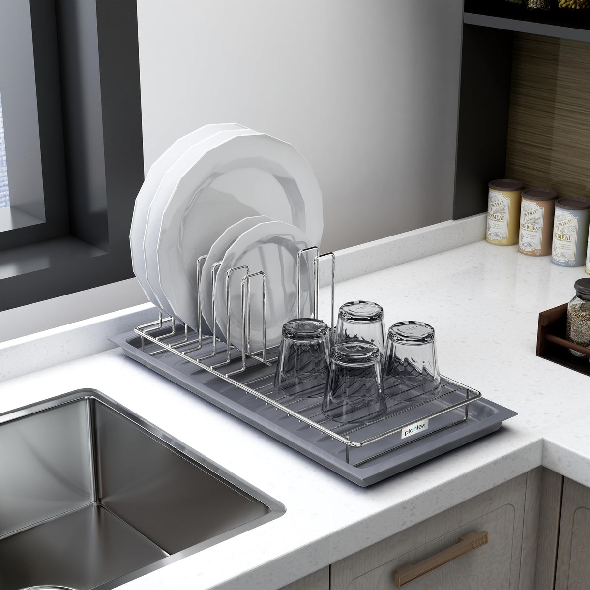 Plantex Stainless Steel Dish Drying Rack for Kitchen with Drain Tray/Plate & Thali Stand/Utensil, Bowl & Glass Holder/Countertop Dish Drainer Organizer Pack of 1 (Chrome & Grey)