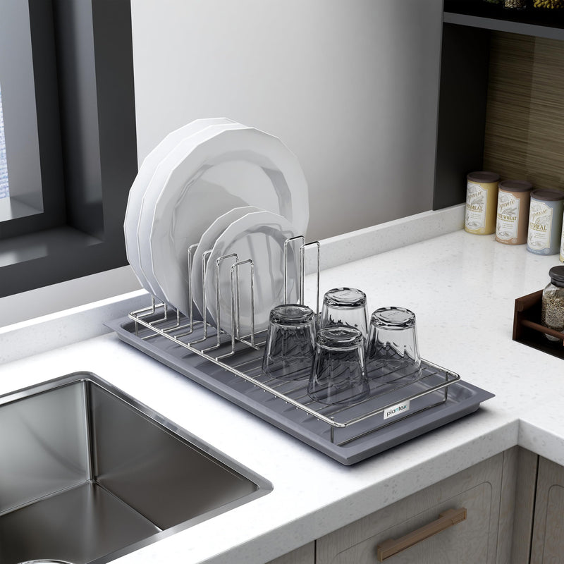 Plantex Stainless Steel Dish Drying Rack for Kitchen with Drain Tray/Plate & Thali Stand/Utensil, Bowl & Glass Holder/Countertop Dish Drainer Organizer Pack of 1 (Chrome & Grey)-1
