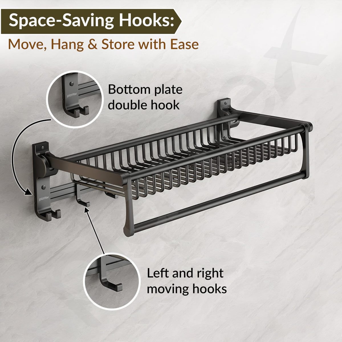 Plantex Aluminum Folding Towel Holder Rack for Bathroom, Rod with Hooks and Accessories, Black, 24 inches-6
