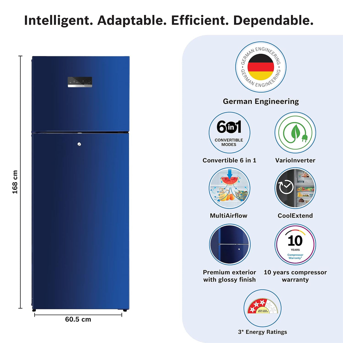 Bosch 269L 3star (2023) Frost free Refrigerator Appliance CTC29BT31I (Convertible Transition Blue)