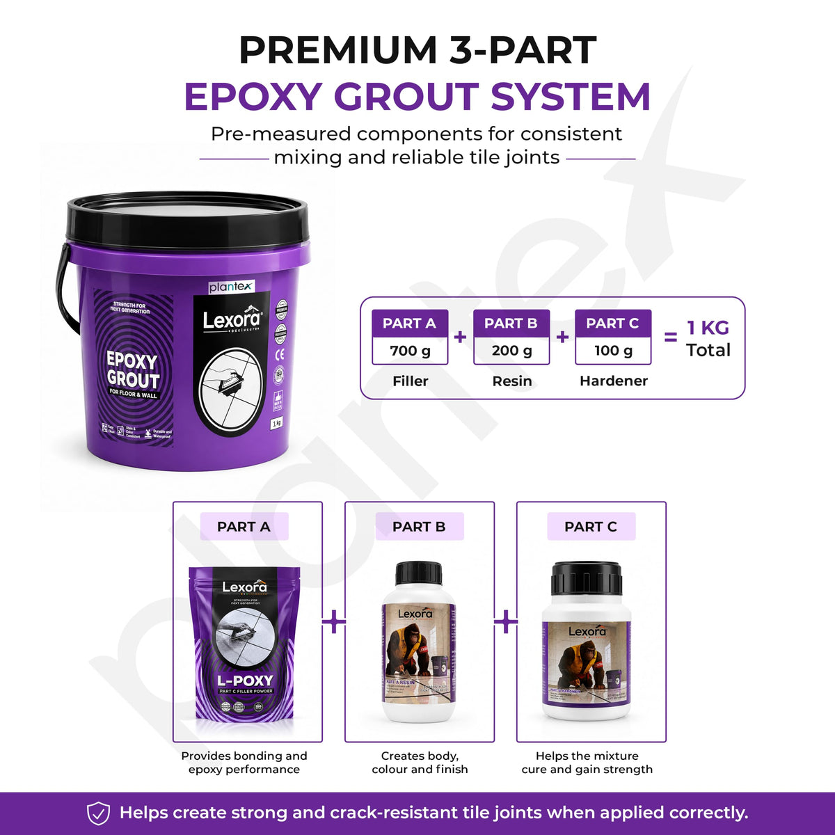 Plantex Lexora Epoxy Grout/3-Part Epoxide Resin Tile Grout/Floor & Wall Tiles Joints/Waterproof & Stain Proof/Bathroom & Industrial Use - 1 kg (Show White)-2