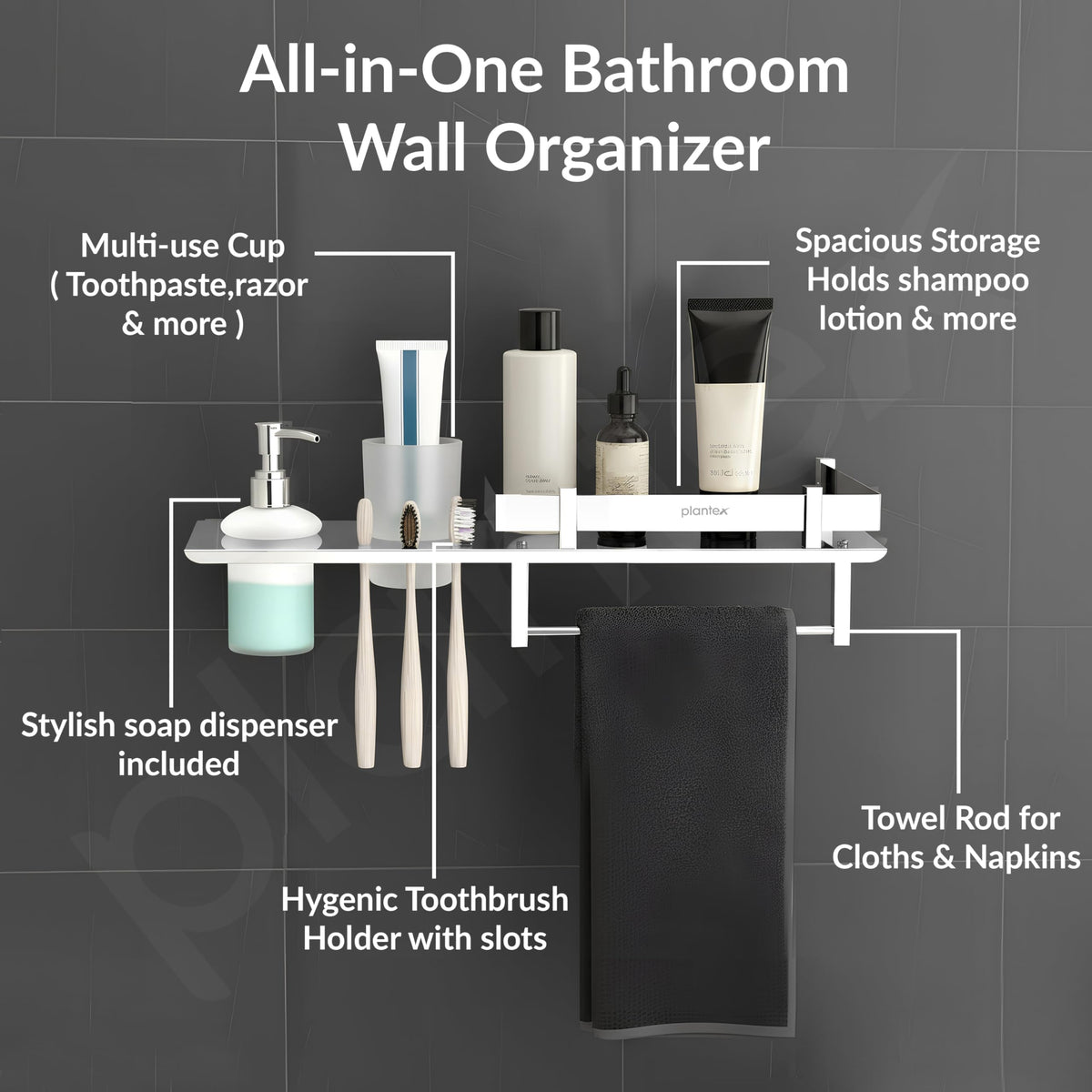 Plantex Stainless Steel 4in1 Multipurpose Bathroom Shelf/Bathroom Steel Rack with Tumbler Holder, Towel Rod and Liquid Soap Dispenser Chrome (18x5 inches)-2
