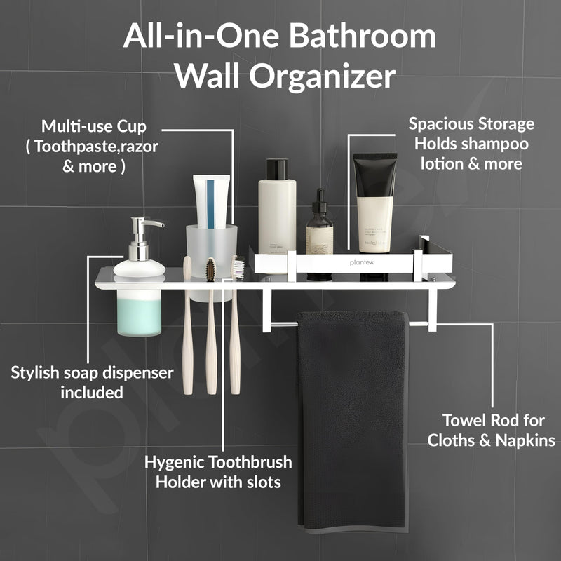 Plantex Stainless Steel 4in1 Multipurpose Bathroom Shelf/Bathroom Steel Rack with Tumbler Holder, Towel Rod and Liquid Soap Dispenser Chrome (18x5 inches)-2