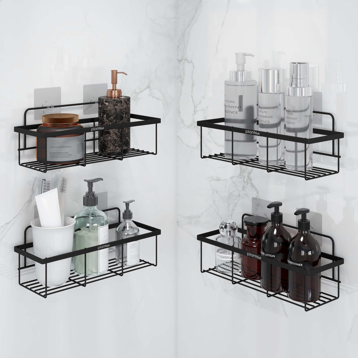 Plantex No Drill Bathroom Organiser/GI Steel Self Adhesive Shelf/Kitchen Shelf with Magic Sticker/Bathroom Accessories Set - Black, Powder Coated (Pack of 4)