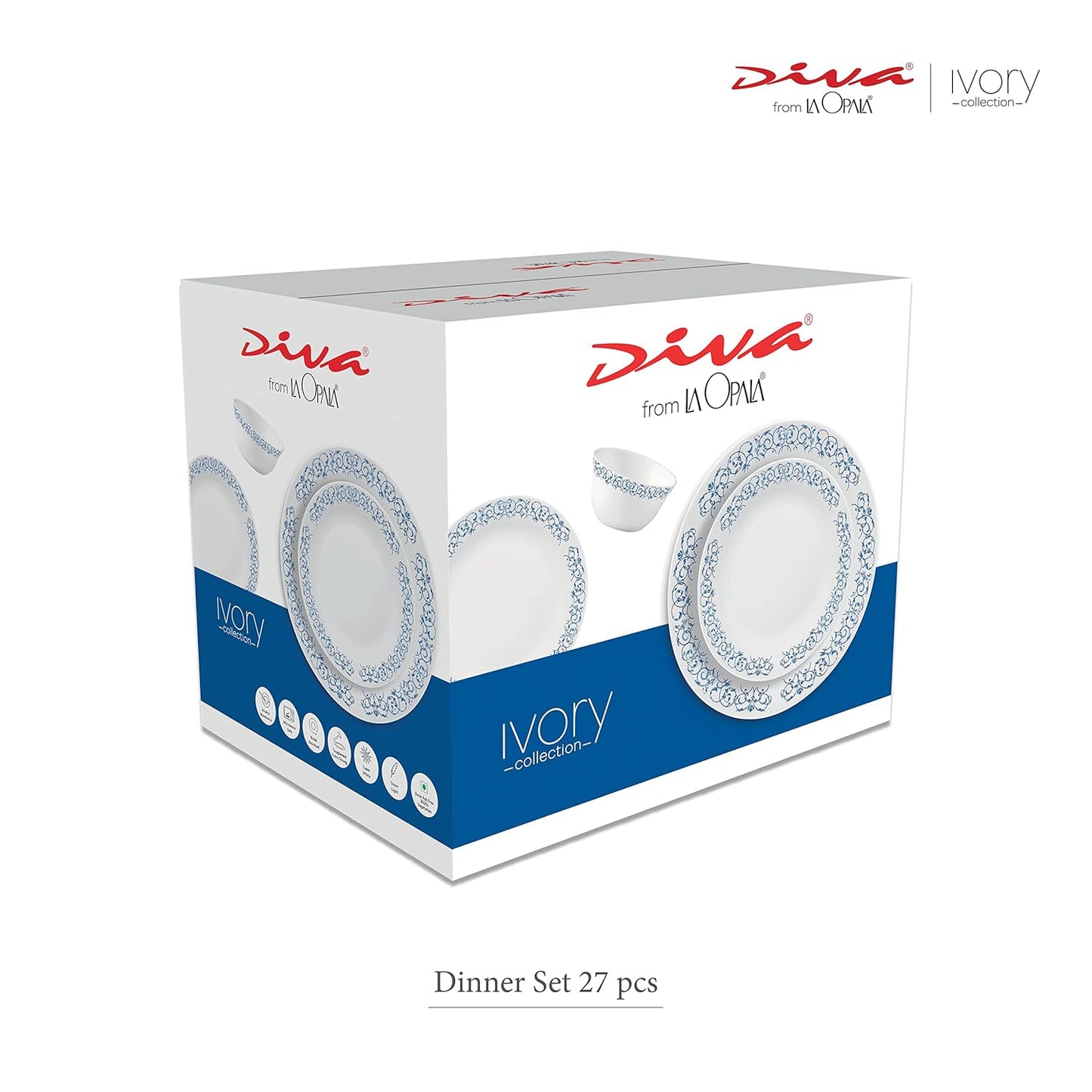 La Opala Diva, Ivory Collection, Opal Glass Dinner Set 27 pcs, Grace Red, White