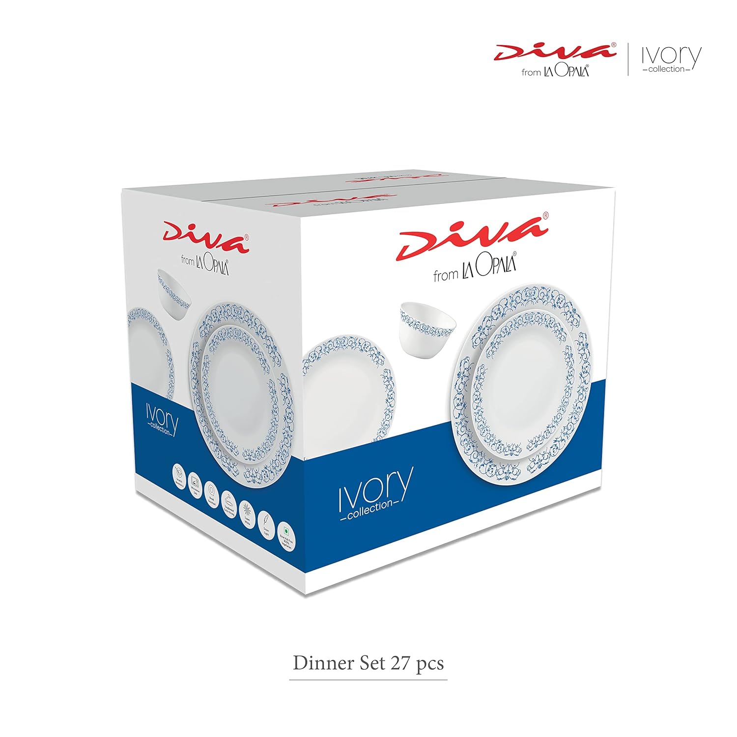 La Opala Diva, Ivory Collection, Opal Glass Dinner Set 27 pcs, Grace Blue, White