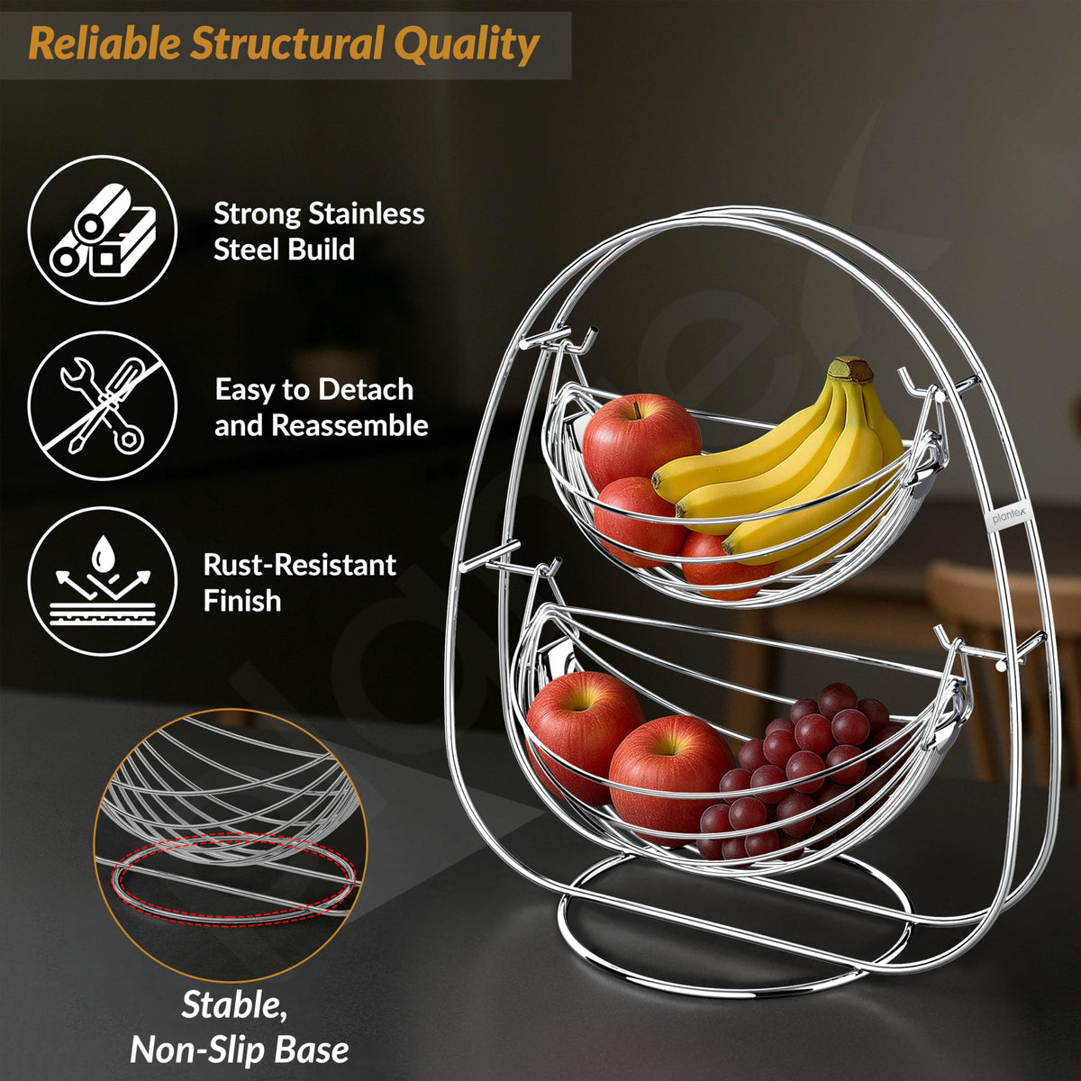 Plantex 2-Tier Swing Fruit Basket for Dining Table/Stainless Steel Fruit Storage Basket for Kitchen/Vegetable Stand(Nickel Chrome Finish)-2
