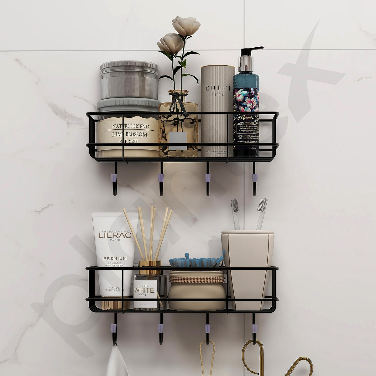 Plantex Multipurpose Bathroom Organiser Without Drill/GI Steel Self-Adhesive Shelf/Wall Mounted Shelf for Bathroom with Hooks- Pack of 2 (Black,Powder Coated)-4