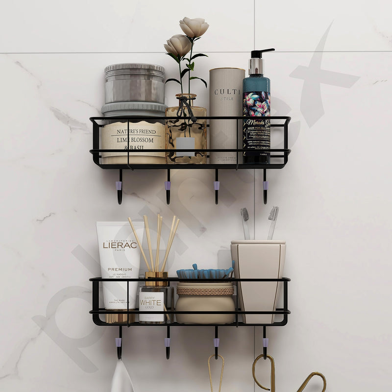 Plantex Multipurpose Bathroom Organiser Without Drill/GI Steel Self-Adhesive Shelf/Wall Mounted Shelf for Bathroom with Hooks- Pack of 2 (Black,Powder Coated)-4