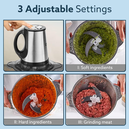 AGARO Delite Vegetable & Meat Chopper for Kitchen, Garlic Peeler, Egg Whisker, 2L Bowl, 400W Motor, 3 Speed Settings, Meat Grinder, Vegetable Mixer, Stainless Steel Body, Onion, Garlic, Fruits.