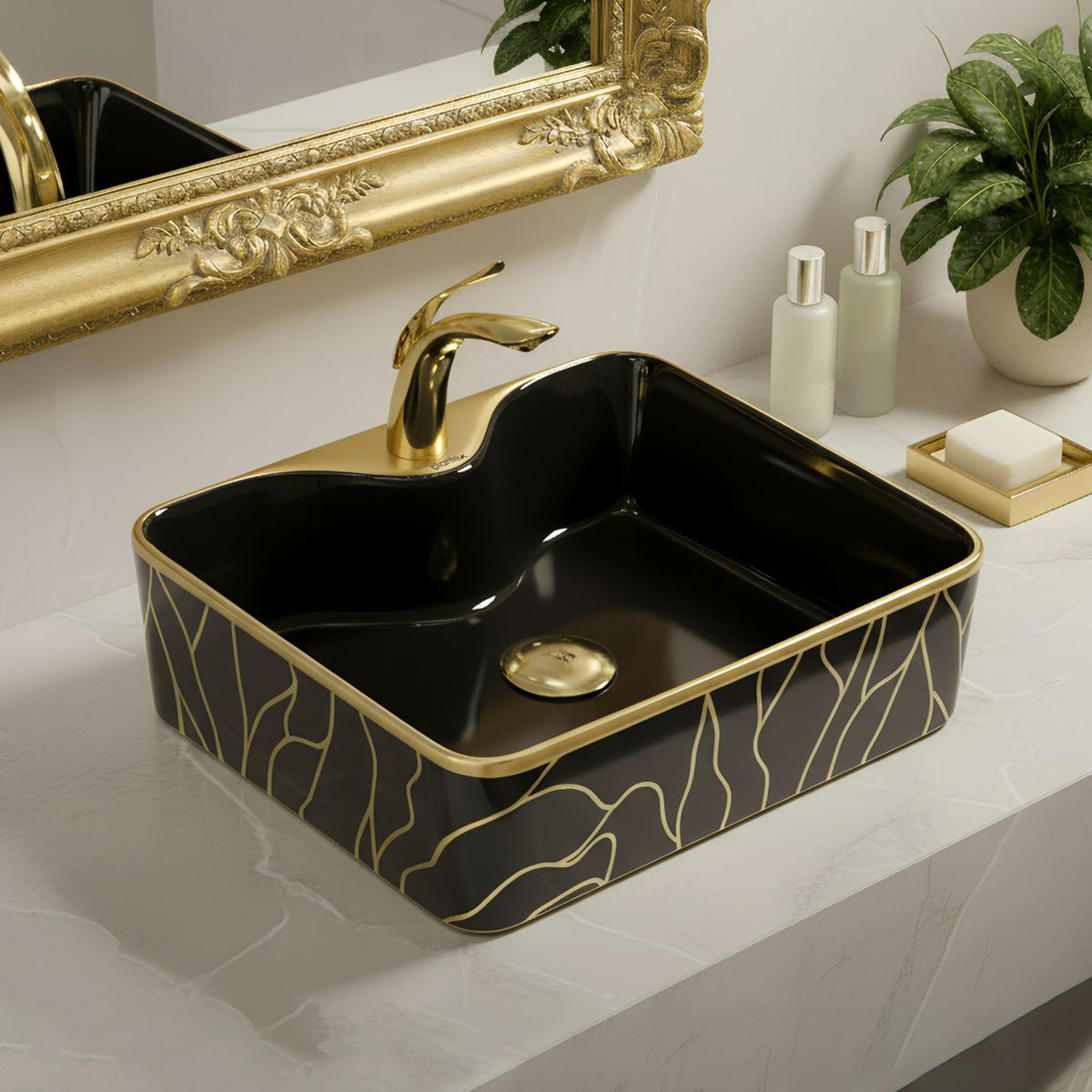 Plantex Ceramic Designer Washbasin for Bathroom/Countertop Wash Basin/Rectangle Tabletop Hand Wash Basin for Restaurant/Hotel (19x15x5 Inch - Black & Gold)-1