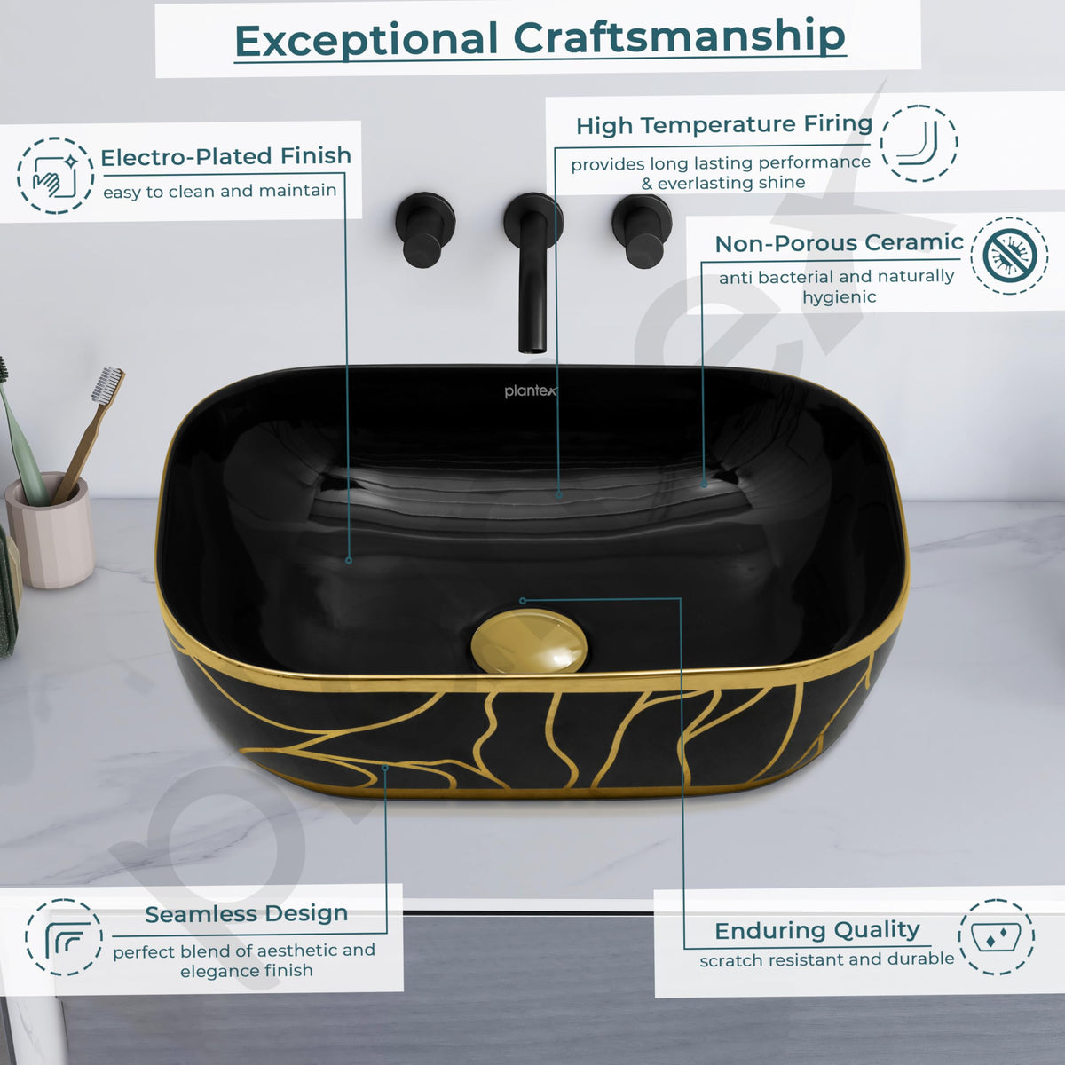 Plantex Ceramic Designer Washbasin for Bathroom/Countertop Basin/Rectangle Tabletop Wash Basin for Home/Office - (16010, Black & Gold)-4